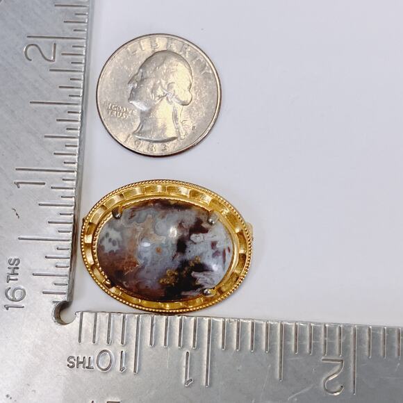 VTG Mid Century Brooch Agate Gemstone Oval Stone Pin 1960s 1970s Gold Tone - Picture 8 of 11